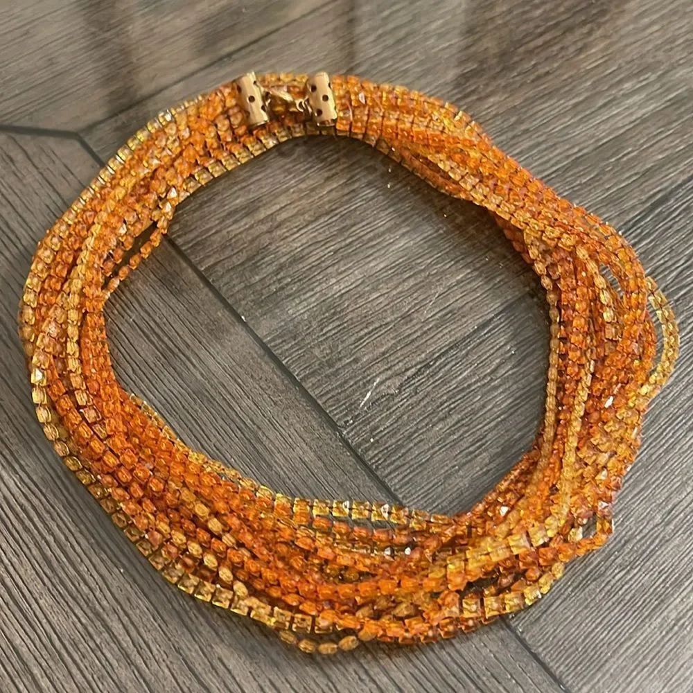 Vintage 1970’s Square Shaped Beaded Necklace Amber & Orange Color